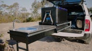 Kings Camping Kitchen Slide | Twin Slide-Out Compartments | 90L Fridge Slide | Stainless Benchtop | Plumbed Water Tap